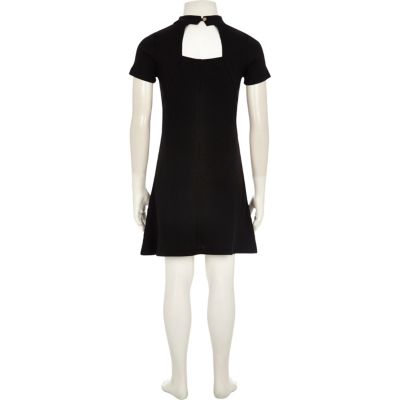 Girls black ribbed fit and flare dress